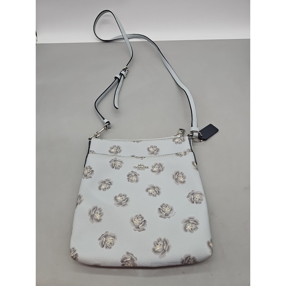 Coach Kitt Blue Floral Ivory Grey Roses Print Floral Crossbody Purse Lightweight